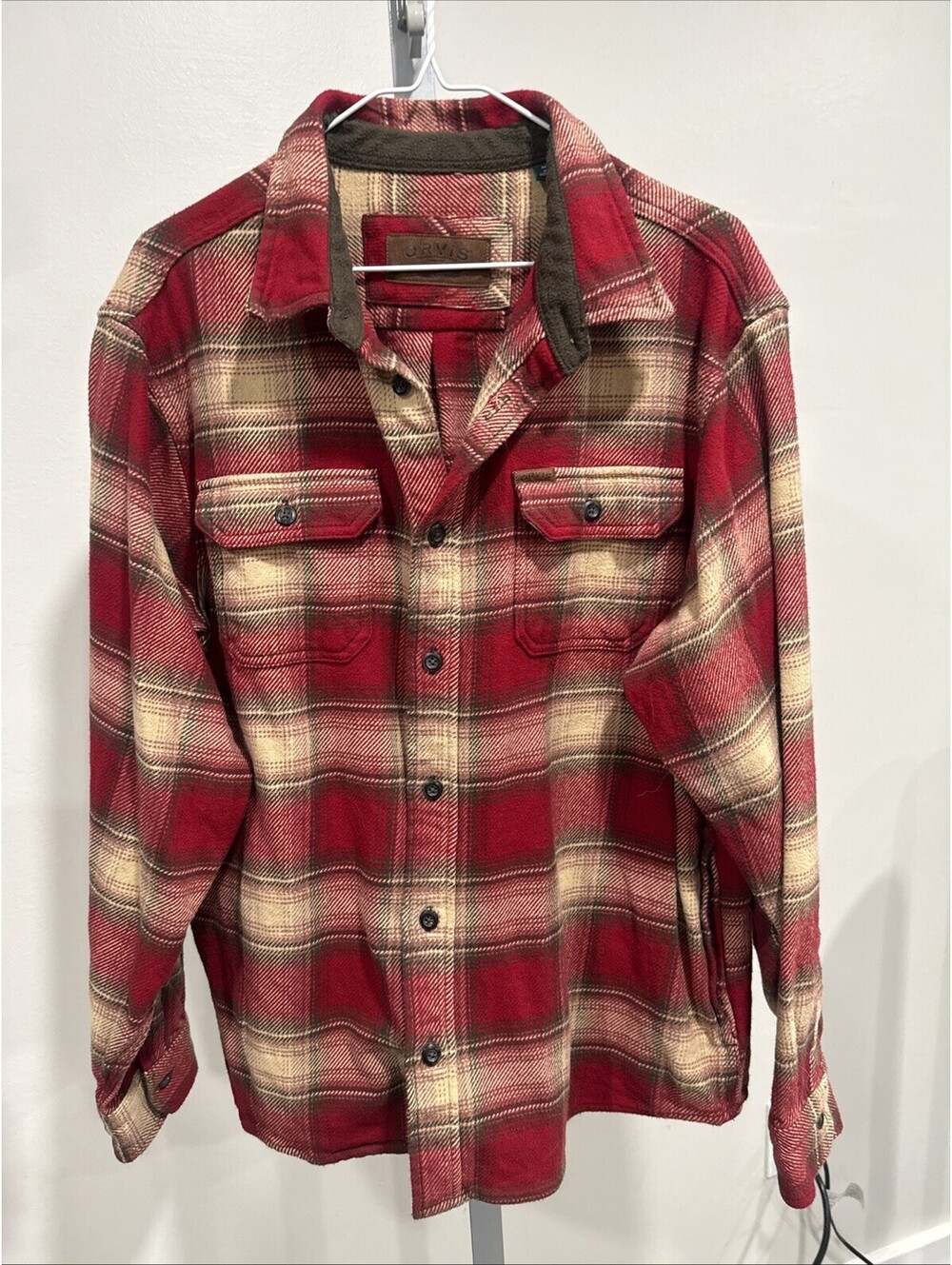 Orvis Heavyweight Flannel Red & Tan Plaid Men’s Long Sleeved Shirt-sz XL